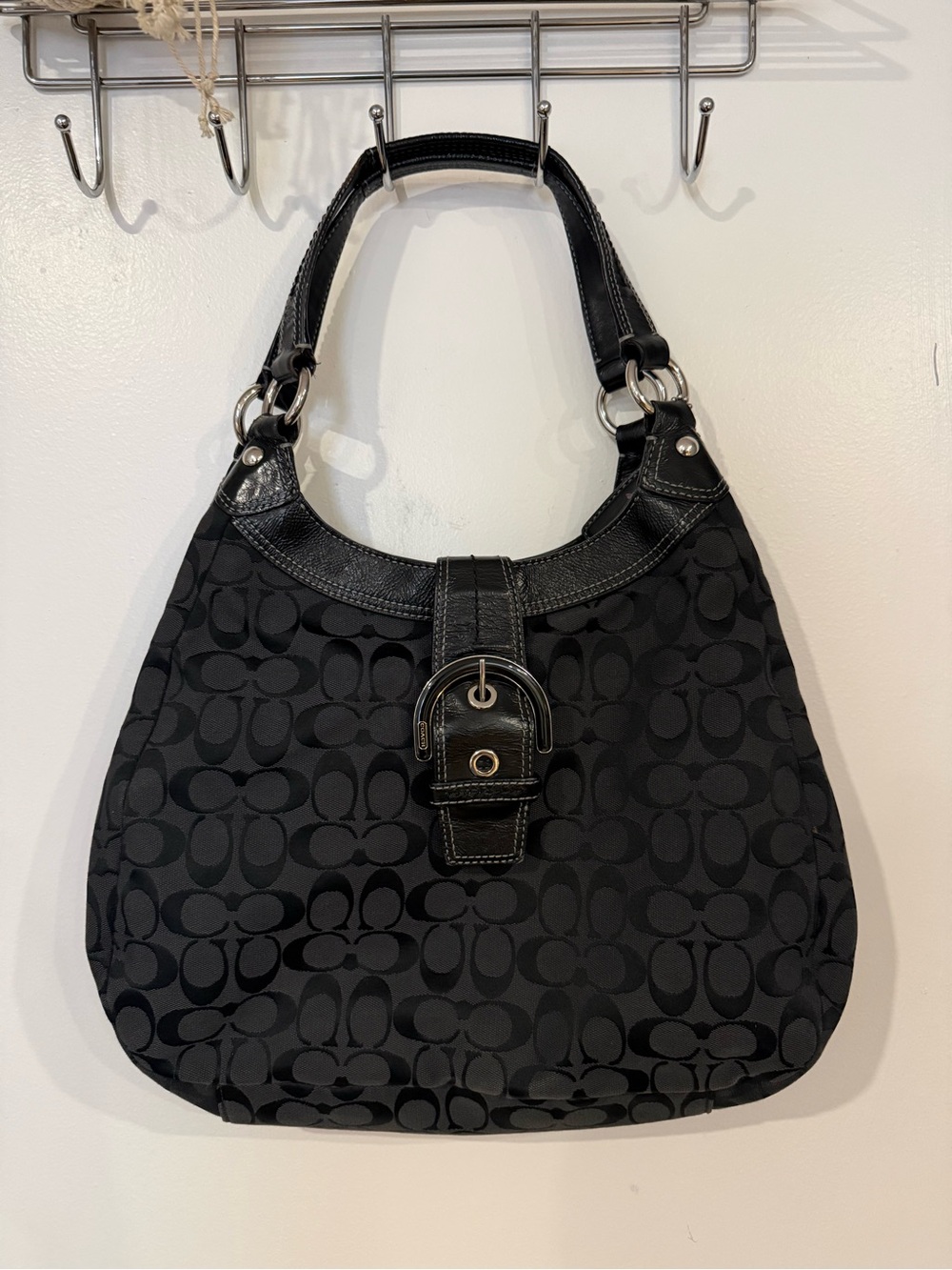 Coach Black Signature Shoulder Bag with Buckle Detail
